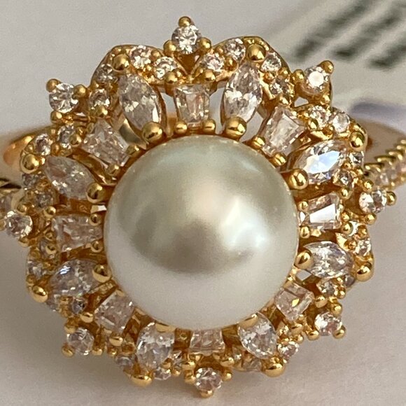 Art Deco Cubic Zirconia White Pearl Cocktail Ring Yellow Gold Plated Size 7 8 9 - Picture 11 of 16